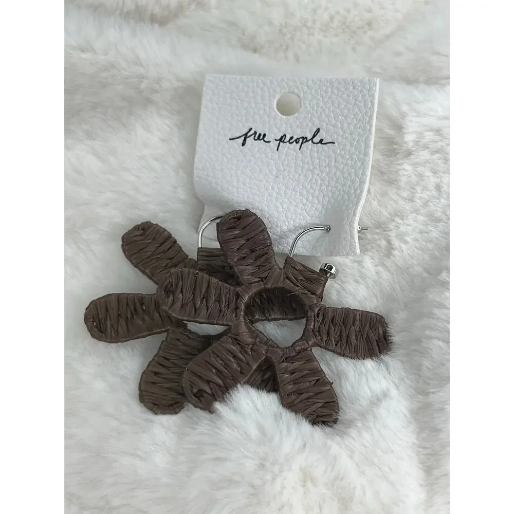 NWT Free People Wendy Woven Flower Hoop Earrings Chocolate Brown Boho Multi